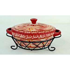 Temptations casserole dish Cranberry Red New 9 oz small oval w lid & caddy